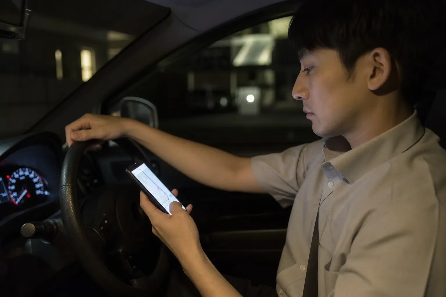 夜、自宅の駐車場に停めた車の運転席で、30代の日本人男性がハンドルに手を置いたままスマートフォンの地図アプリで所要時間を確認している