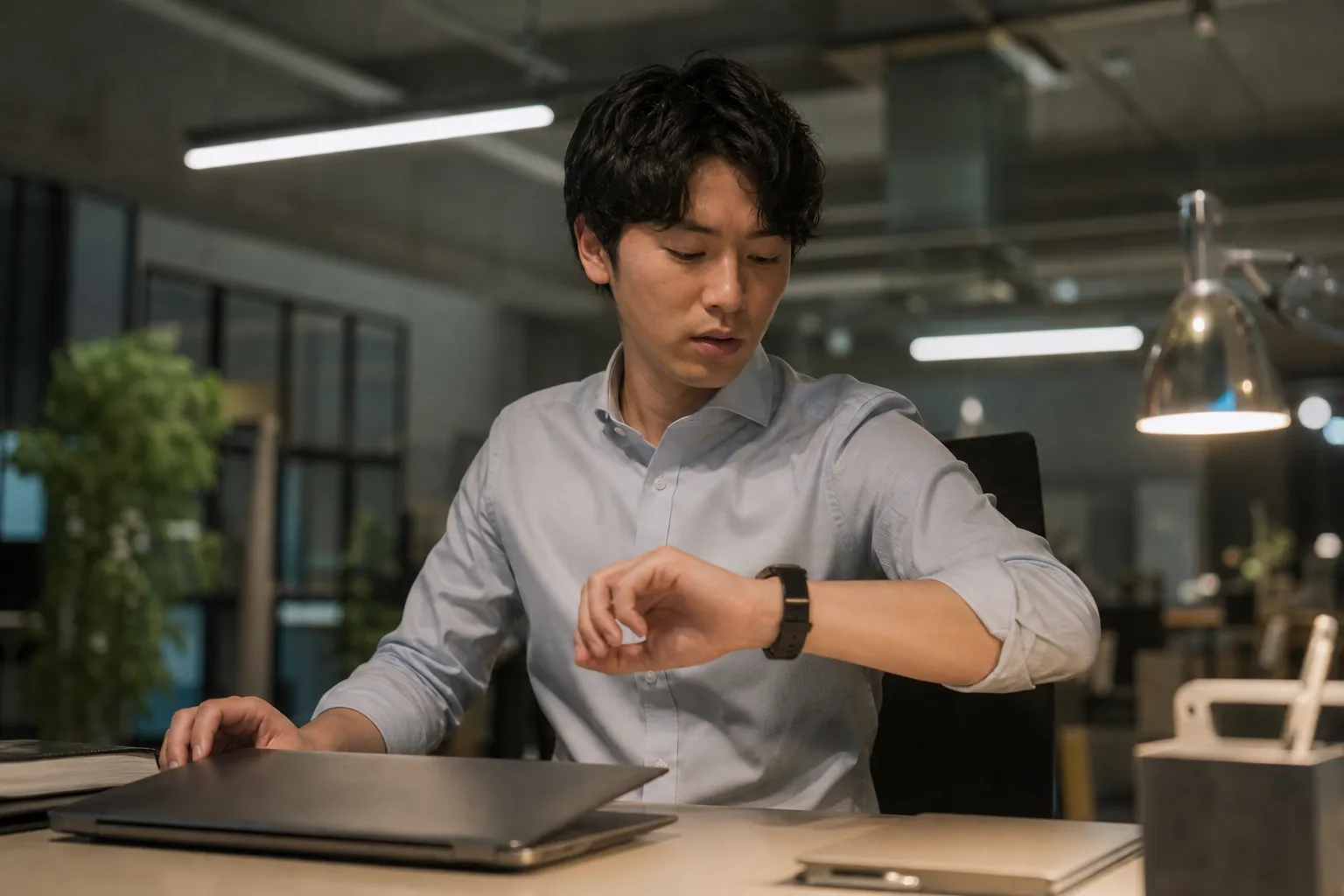 夜のオフィスで、30代の日本人男性がデスクの上のノートパソコンを閉じながら腕時計に目をやっている