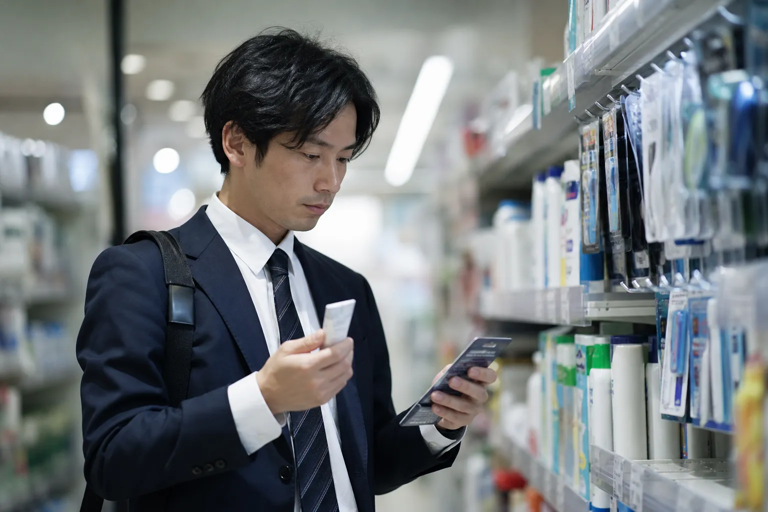 仕事帰りの夜、ドラッグストアの陳列棚の前で、30代の日本人男性がシェーバーの替刃と小さなチューブを両手に持って見比べている