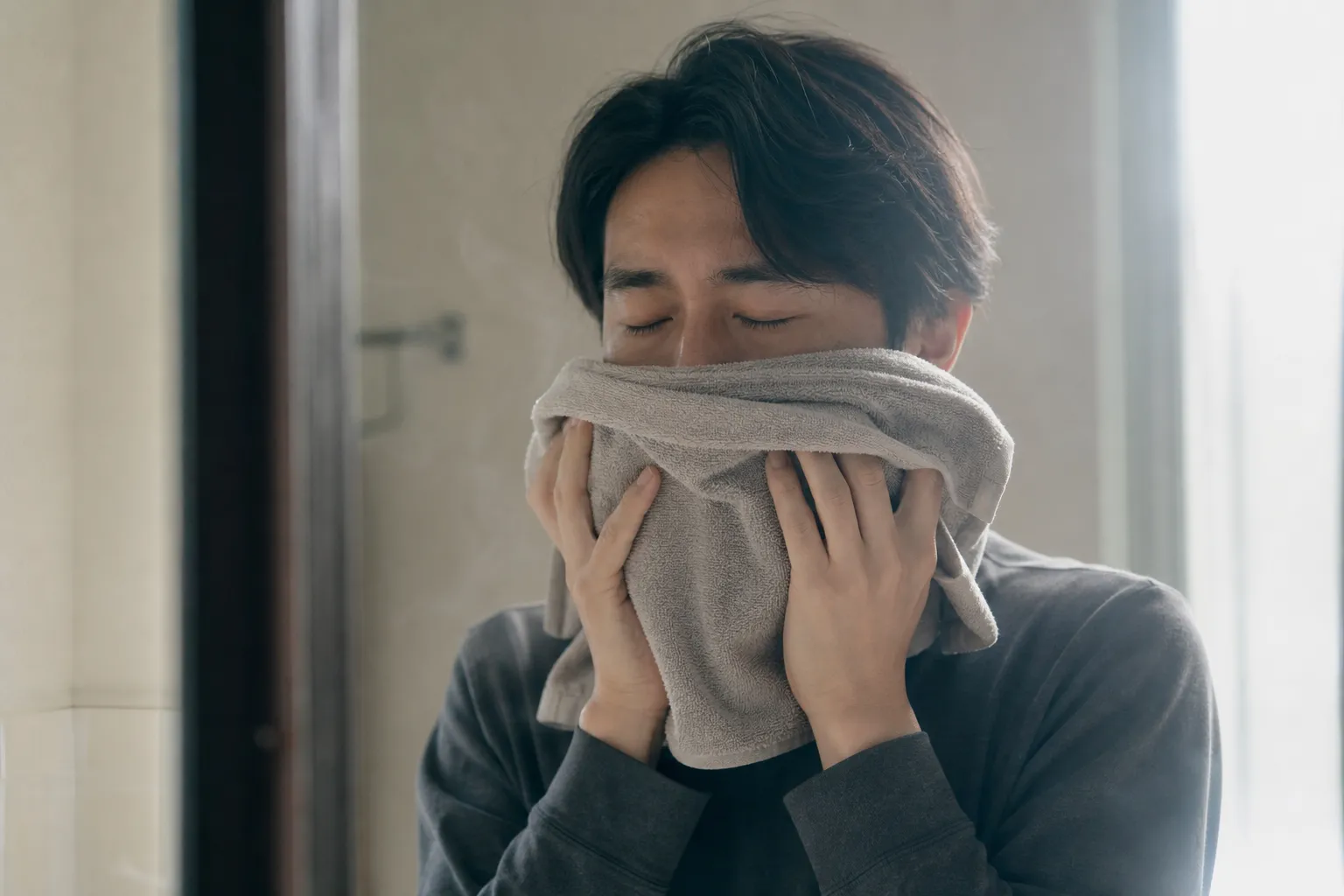 大事な予定がある日の朝、自宅の洗面台の前で、30代の日本人男性が湯気の立つ温かいタオルを顔の下半分に当てて目を閉じている