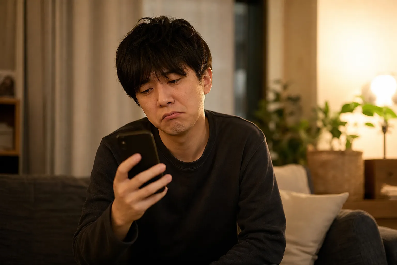 平日の夜、自宅のソファに座った日本人の男性が、スマートフォンの予約カレンダー画面を見て空き枠が見つからず肩を落としている