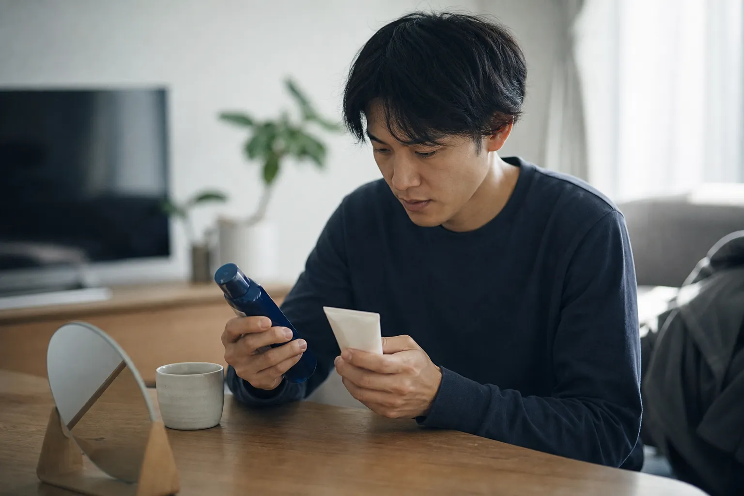 休日の午後、自宅のリビングのテーブルで日本人の男性が、買ってきた化粧水とボディクリームの容器を手に取り、裏面の説明書きを読んでいる