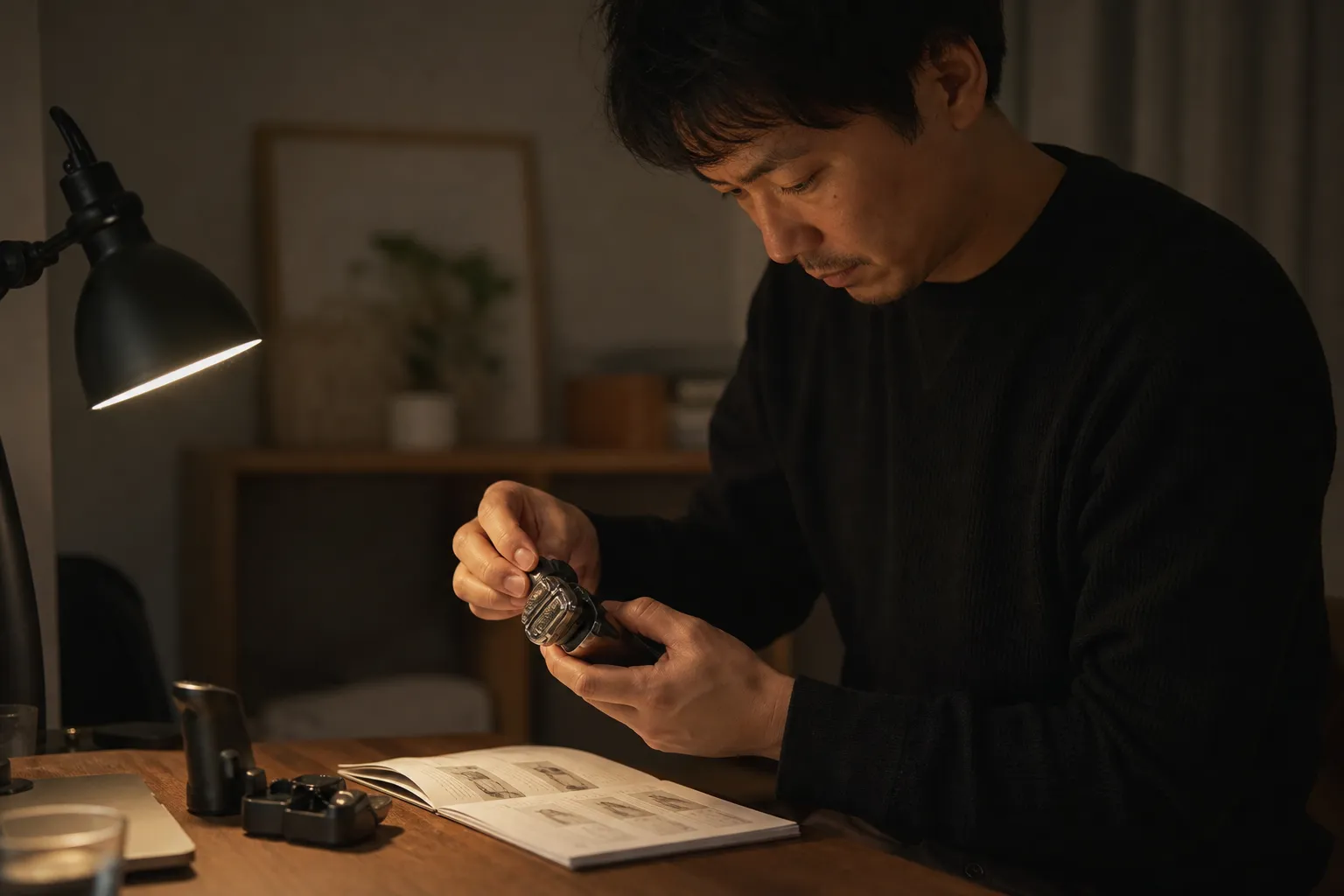 夜、自室の机に電気シェーバーを置いた30代の日本人男性が、取扱説明書を広げながらアタッチメントを付け替えて、刃の部分を確かめている