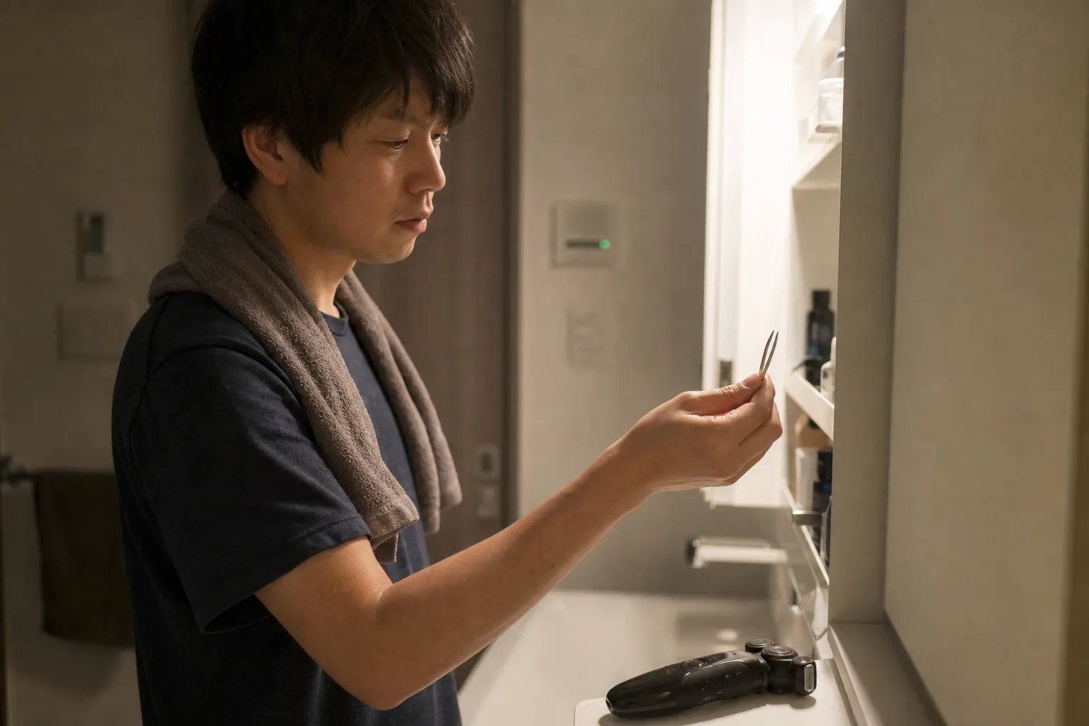 夜、洗面台の前に立つ30代の日本人男性が、手に取った毛抜きをためらいながら見つめ、そのまま棚に戻そうとしている