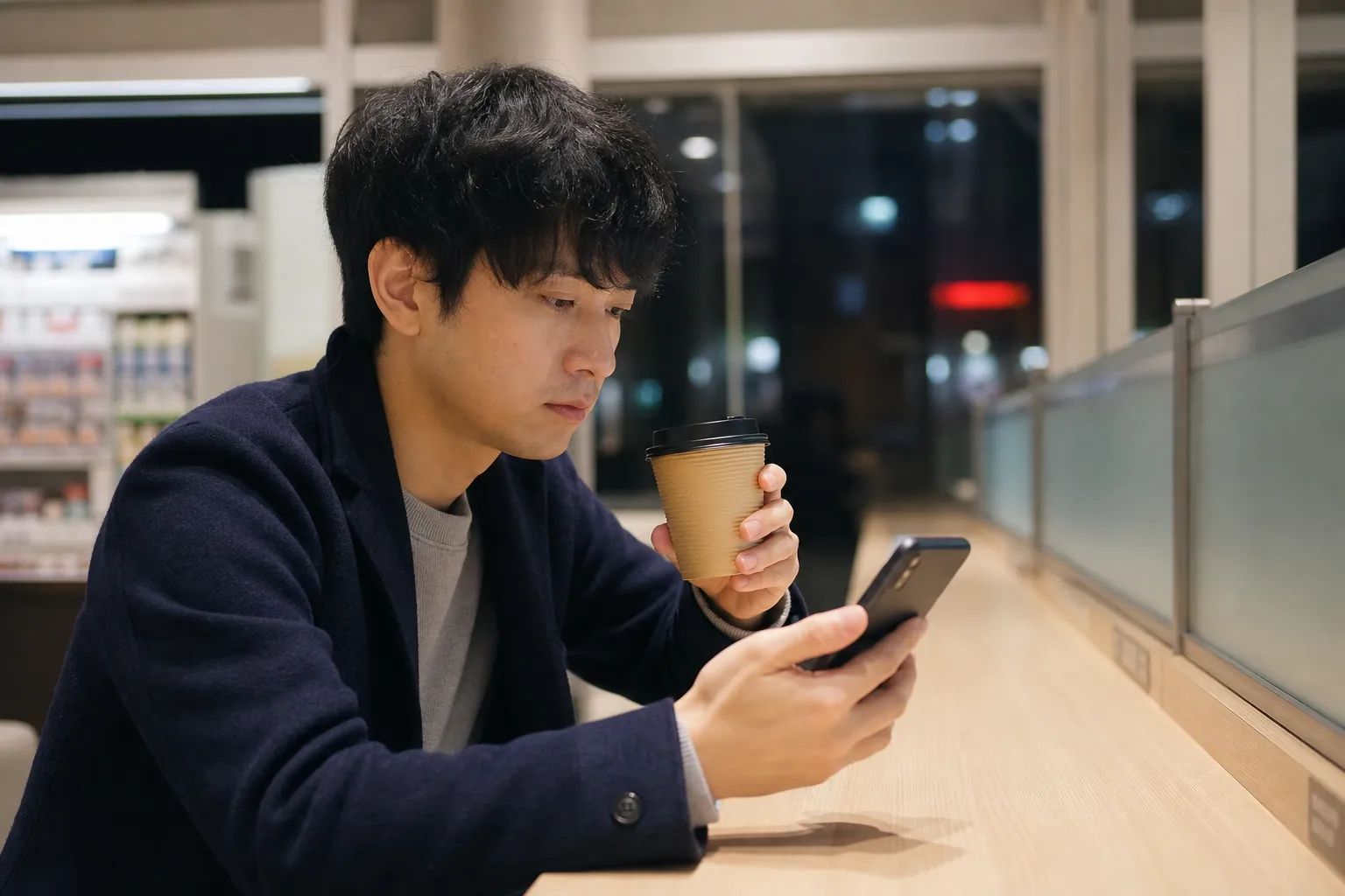平日の夜、コンビニのイートインコーナーで、30代の日本人男性がコーヒーの紙コップを持ったまま、スマートフォンの画面をじっと見つめている