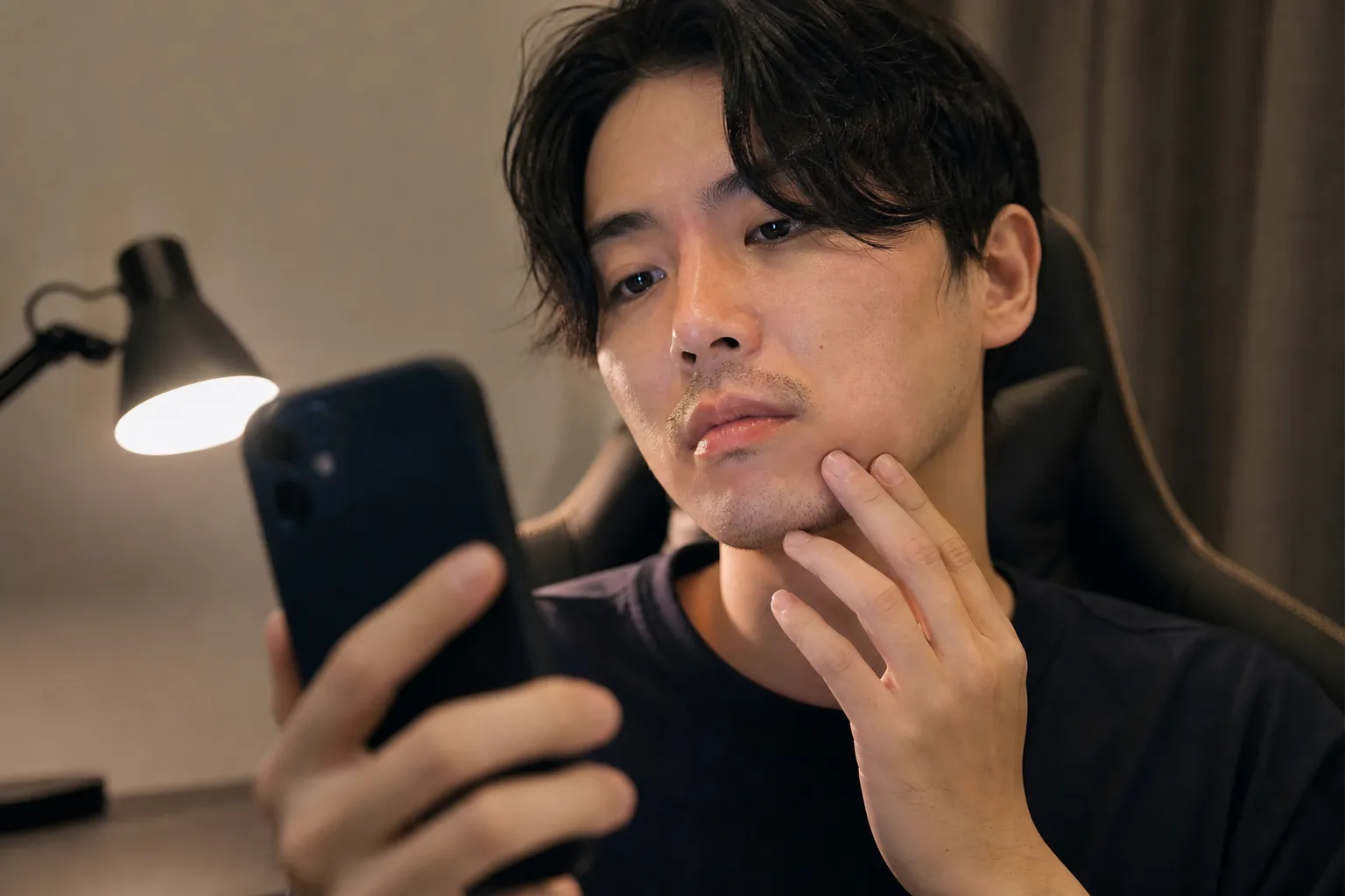 夜、自室の椅子に座った30代の日本人男性が、スマートフォンのインカメラで自分の口元の肌を近くから確かめている