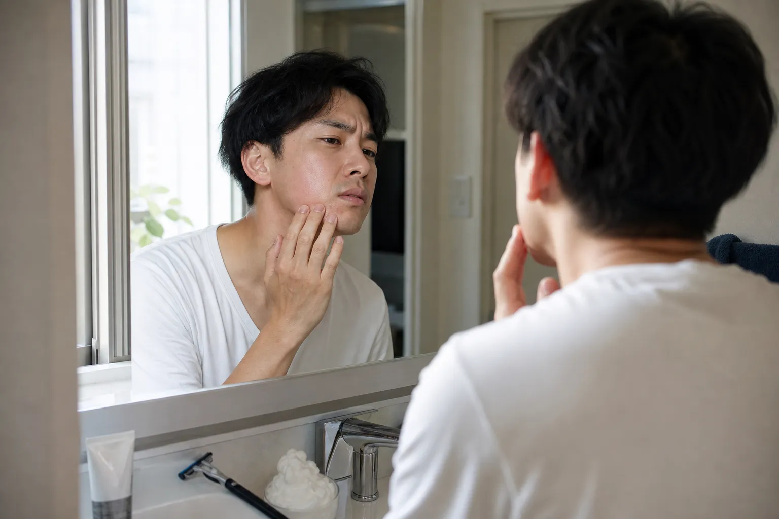 平日の朝、洗面所の鏡の前で、ヒゲを剃り終えた30代の日本人男性が赤くなった顎のあたりを指先で確かめて顔をしかめている