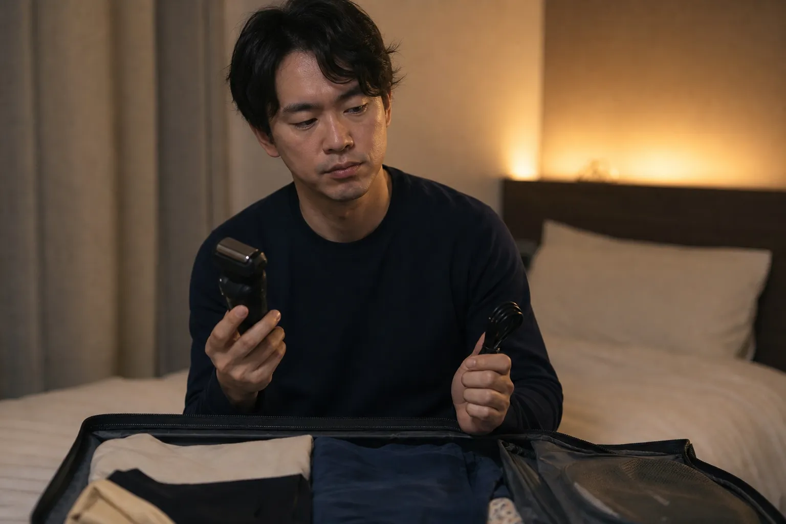 夜、寝室のベッドの上に開いた旅行バッグを前にして、30代の日本人男性が電気シェーバーと充電コードを手に持ったまま、入れるかどうか考えて手を止めている