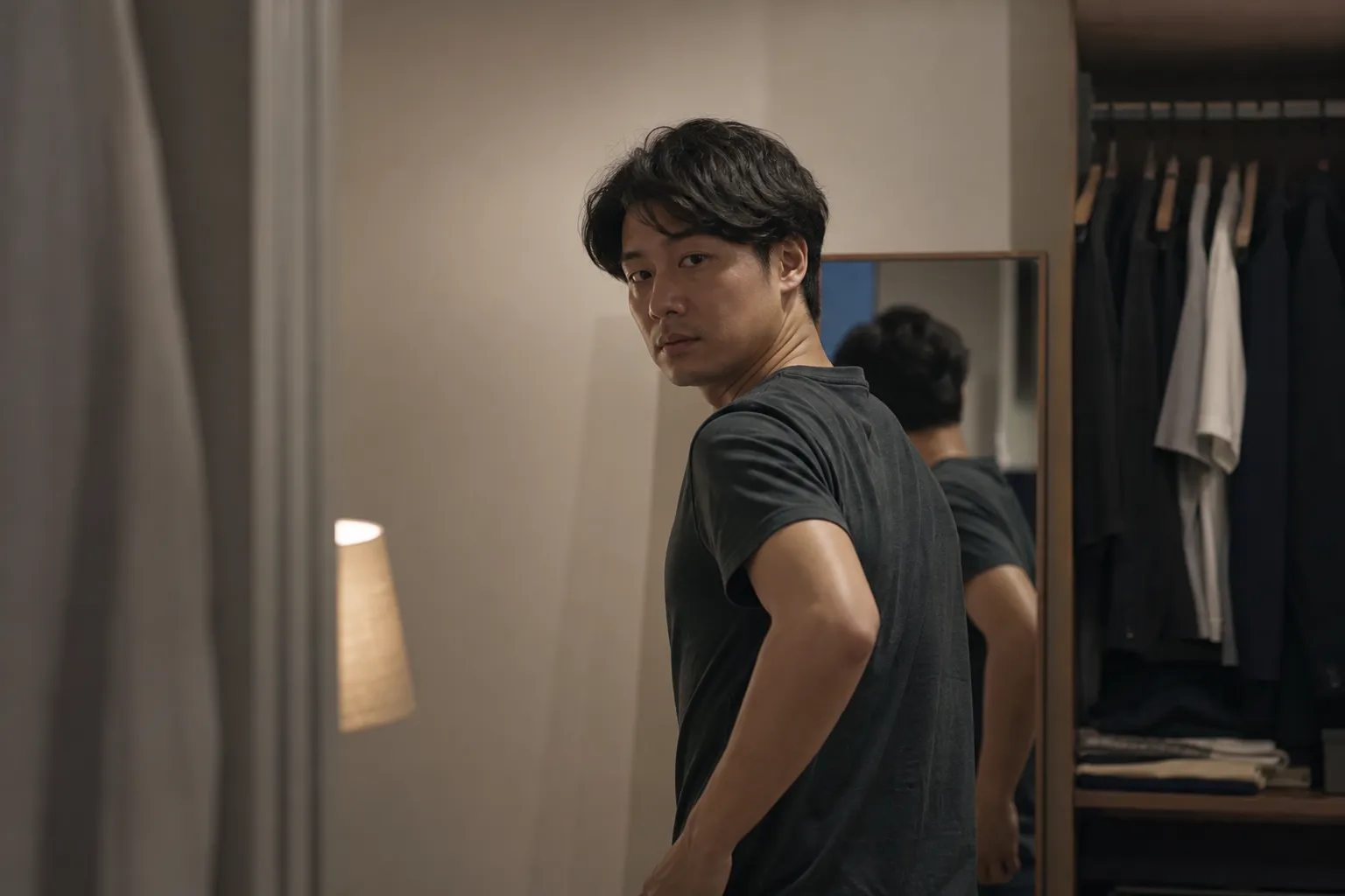 夜、自室のクローゼットの前で、30代の日本人男性が鏡に背中を映そうと体をひねって振り返っている