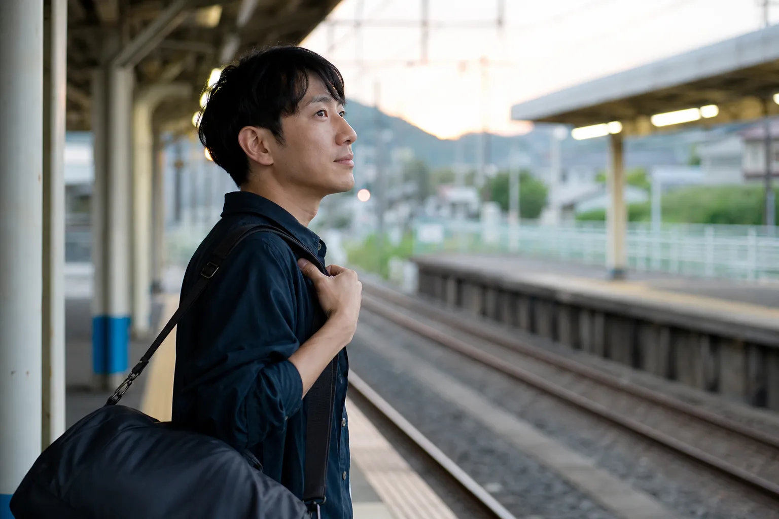 夕方、地方の駅のホームで、ボストンバッグを肩にかけた30代の日本人男性が到着する電車を待っている