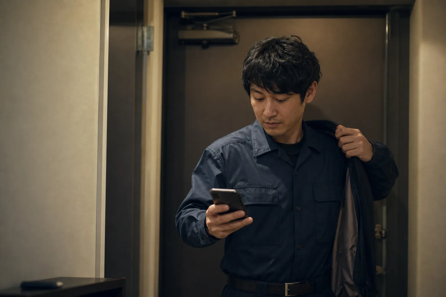 夜、自宅の玄関で作業着の上着を脱ぎながら、30代の日本人男性がスマートフォンの予定表を片手で確かめている