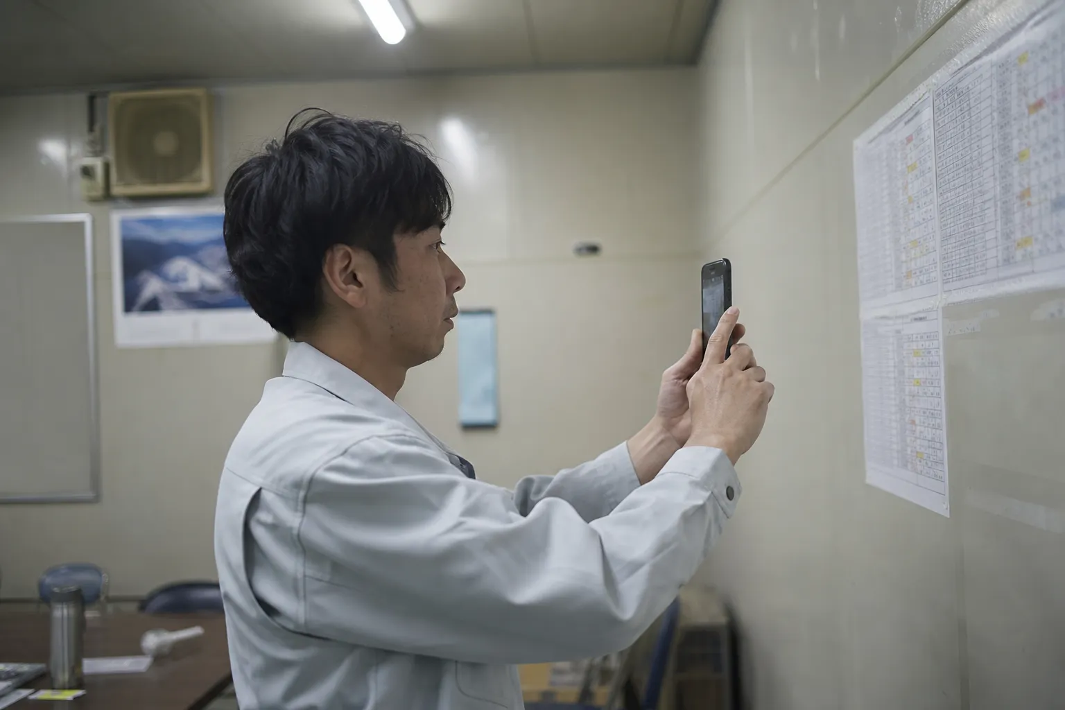 工場の休憩室で、作業着姿の30代の日本人男性が壁に貼り出されたシフト表をスマートフォンで撮影している