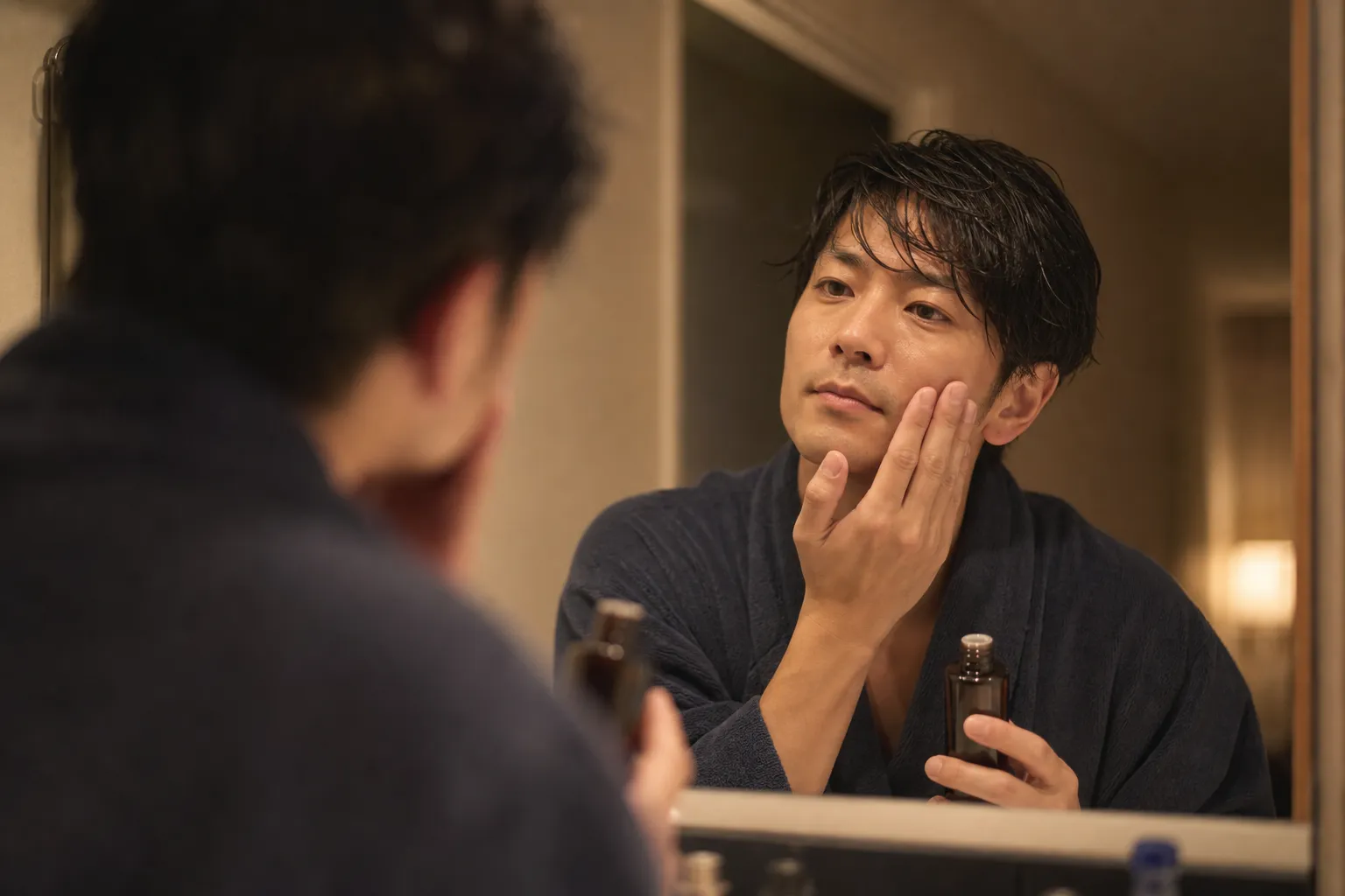 夜、風呂上がりに洗面所の鏡の前で化粧水を顔になじませる男性