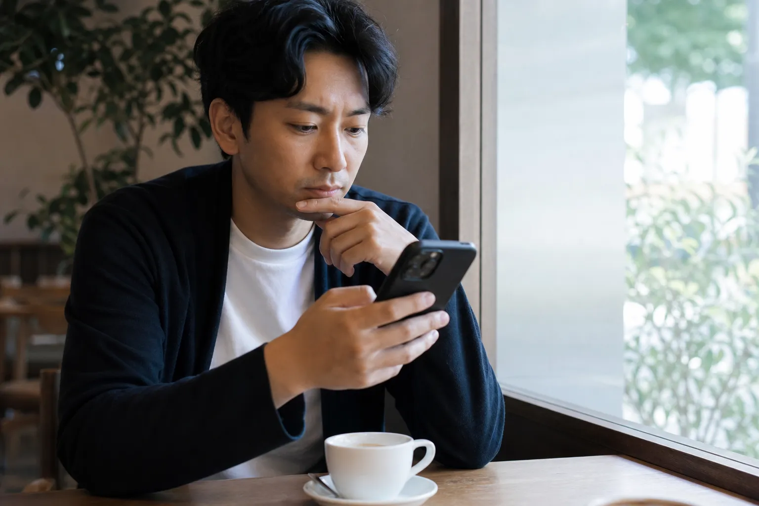 休日の午前、カフェの窓際の席で、30代の日本人男性がスマートフォンを手に真剣な表情で画面を見比べている