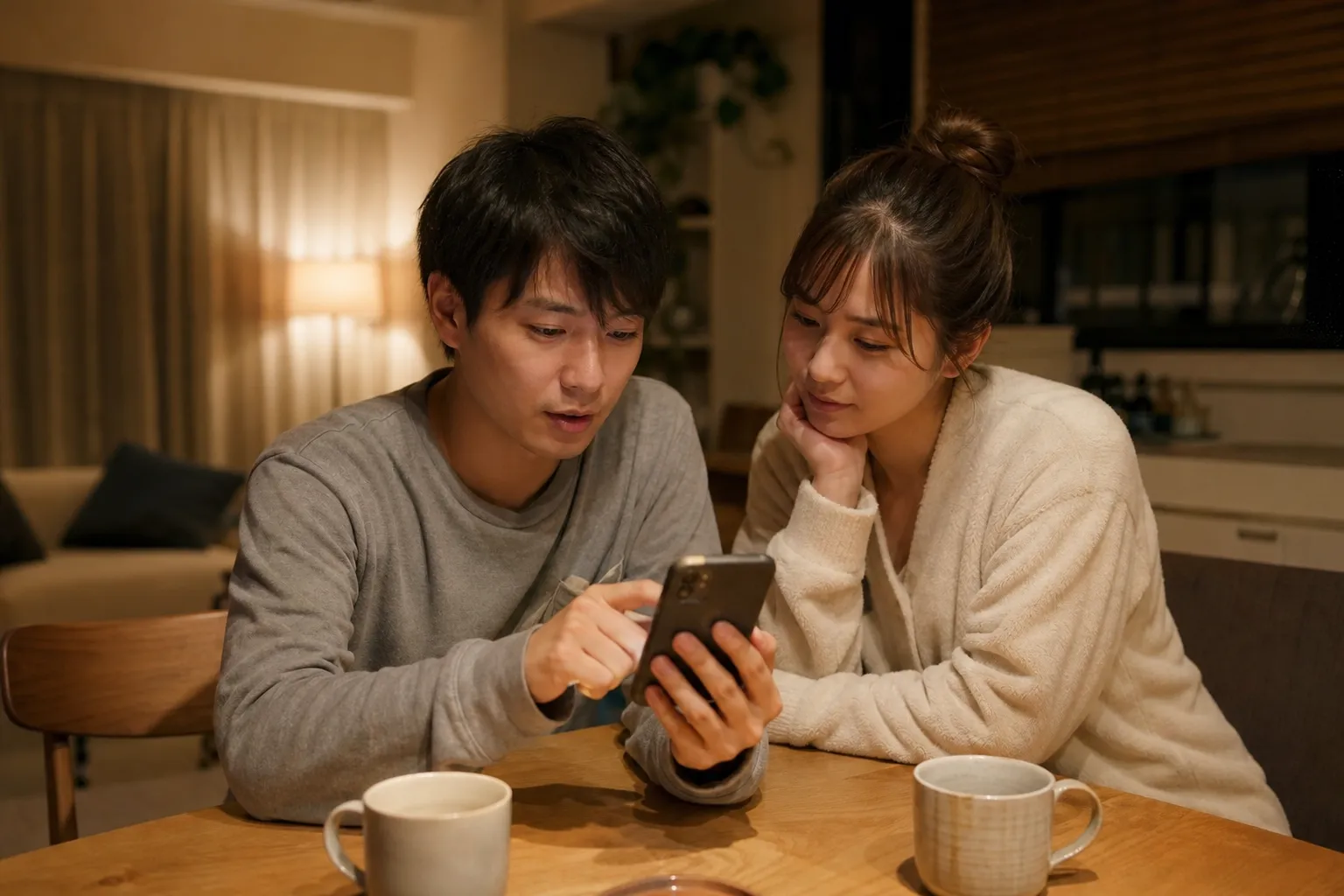 平日の夜、自宅のダイニングテーブルで20代の日本人夫婦がスマートフォンの画面を一緒にのぞき込みながら、穏やかに話し合っている
