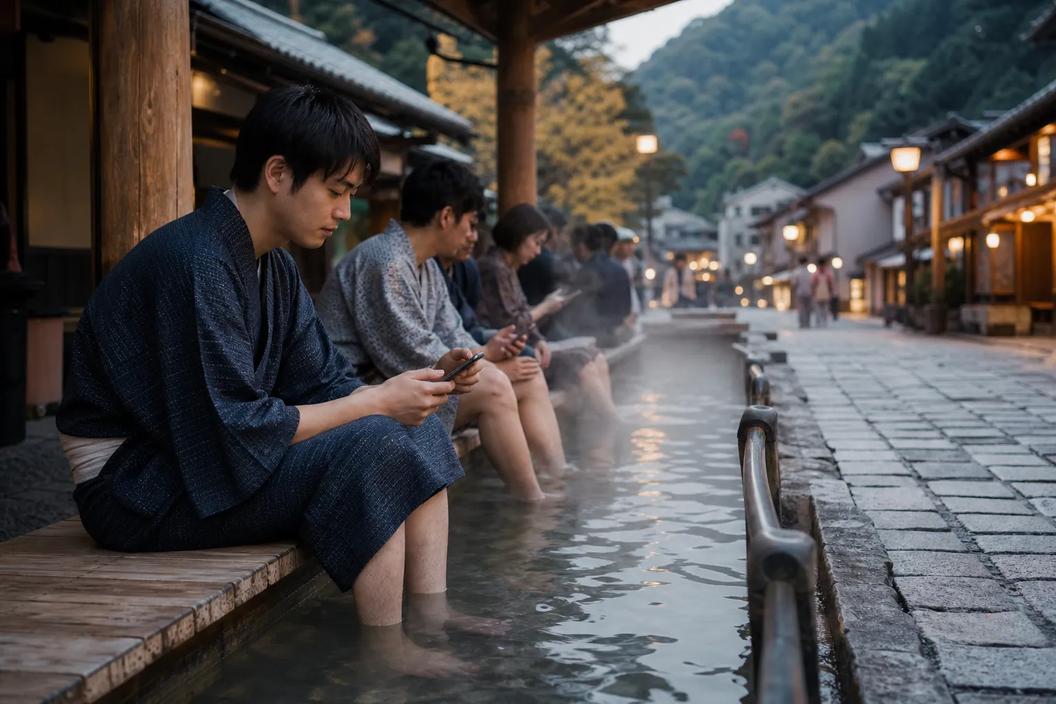 夕方の温泉街にある屋外の足湯