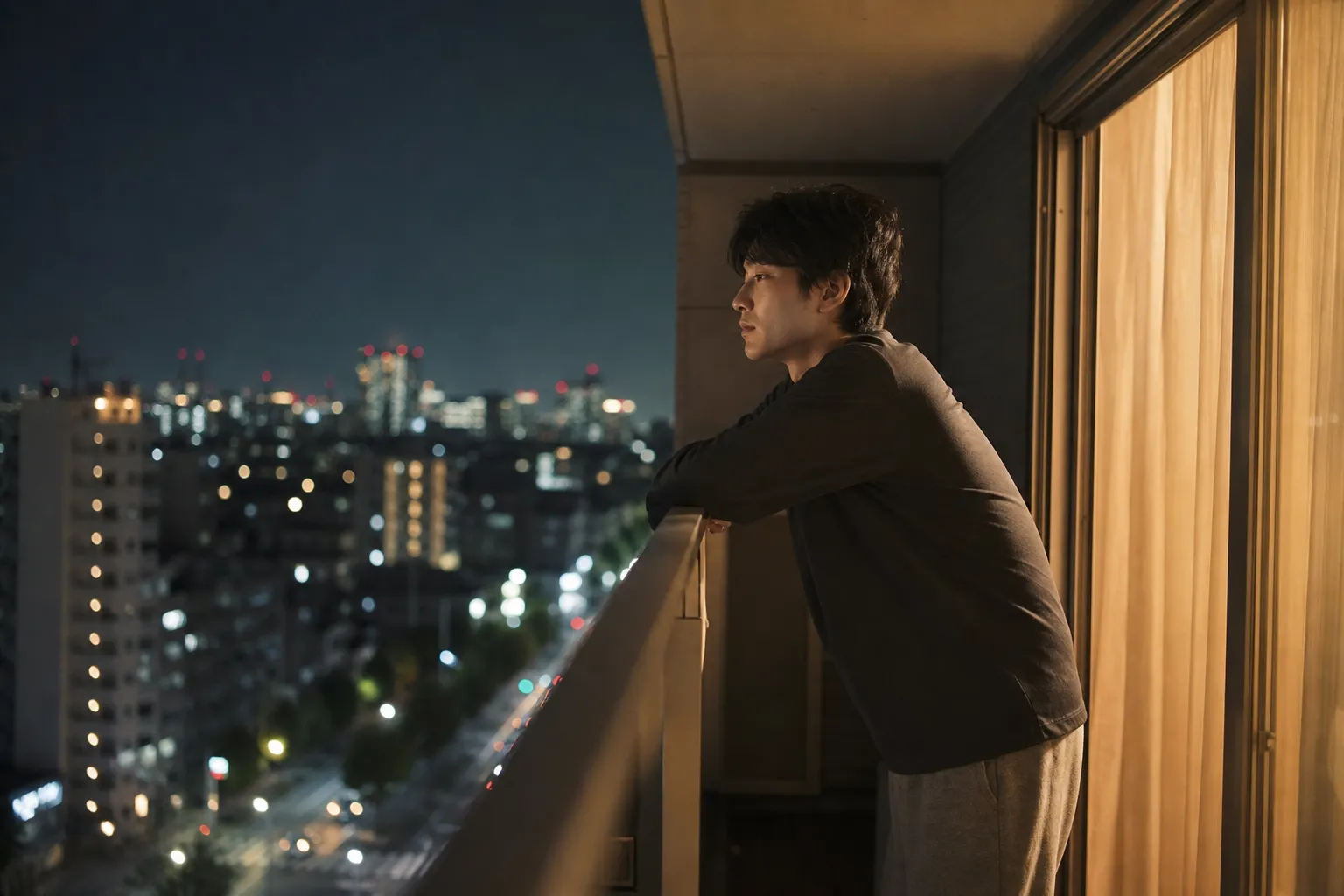 夜、マンションのベランダで、部屋着姿の30代の日本人男性が手すりに肘をついて眼下の街の灯りを眺めている