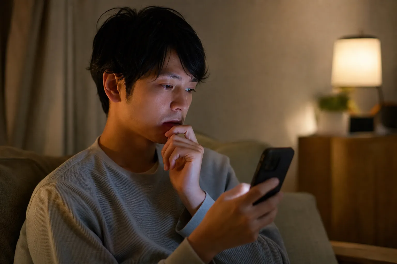 夜、自室のソファに座った30代の日本人男性が、スマートフォンの画面を見ながら少し考え込んでいる