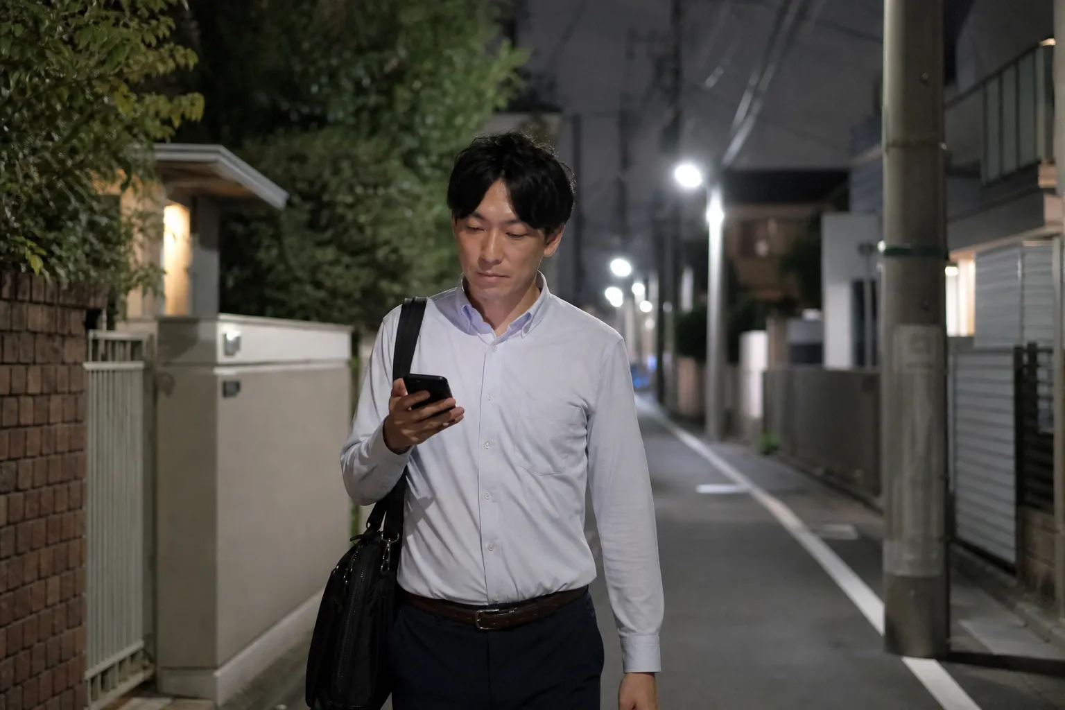 夜、街灯のついた住宅街の歩道を、30代の日本人男性がスマートフォンの地図アプリを片手に持って目的地へ向かって歩いている
