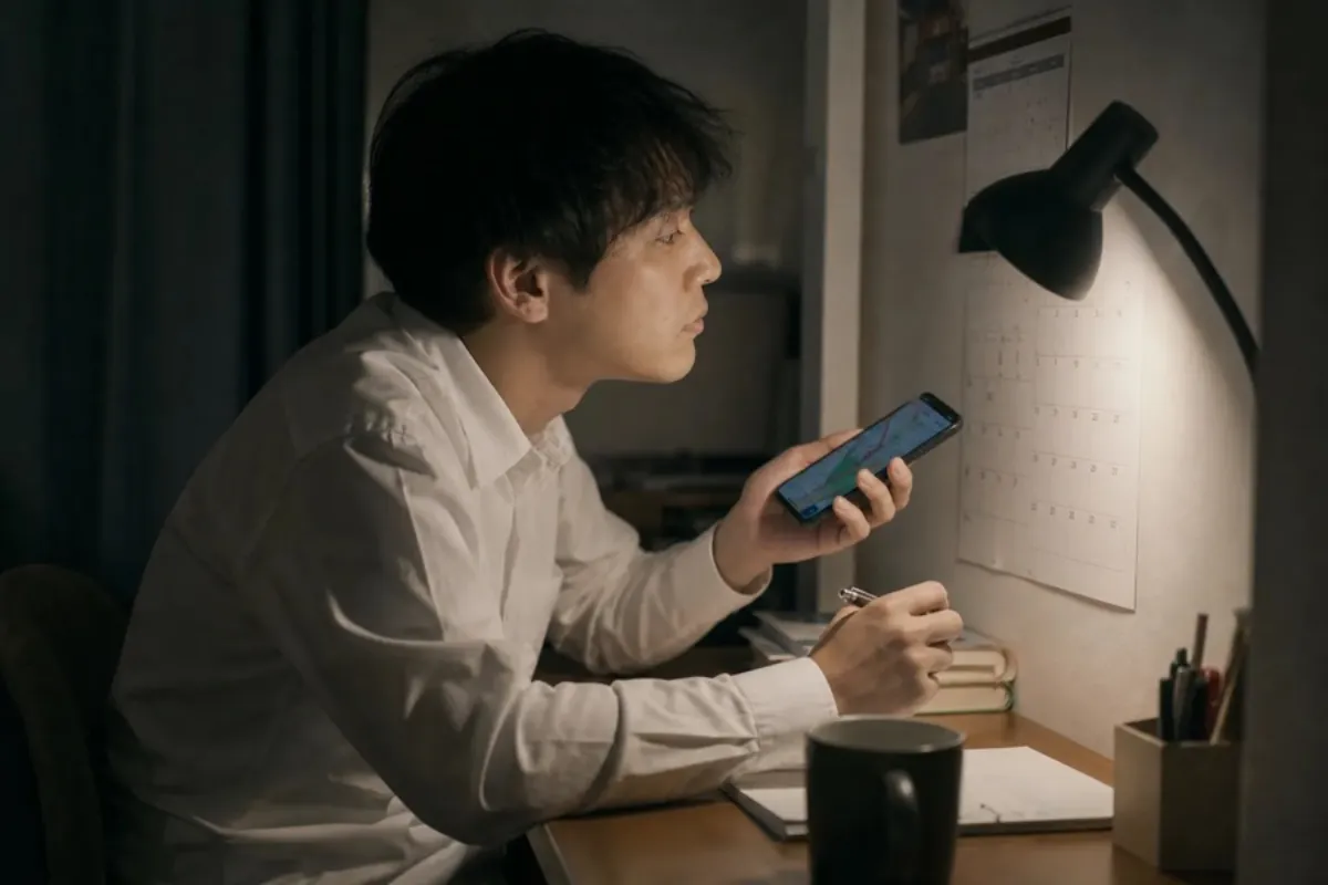 夜、自室の机で、男性がスマートフォンの地図アプリと壁のカレンダーを見比べながら予定を書き込もうとしている