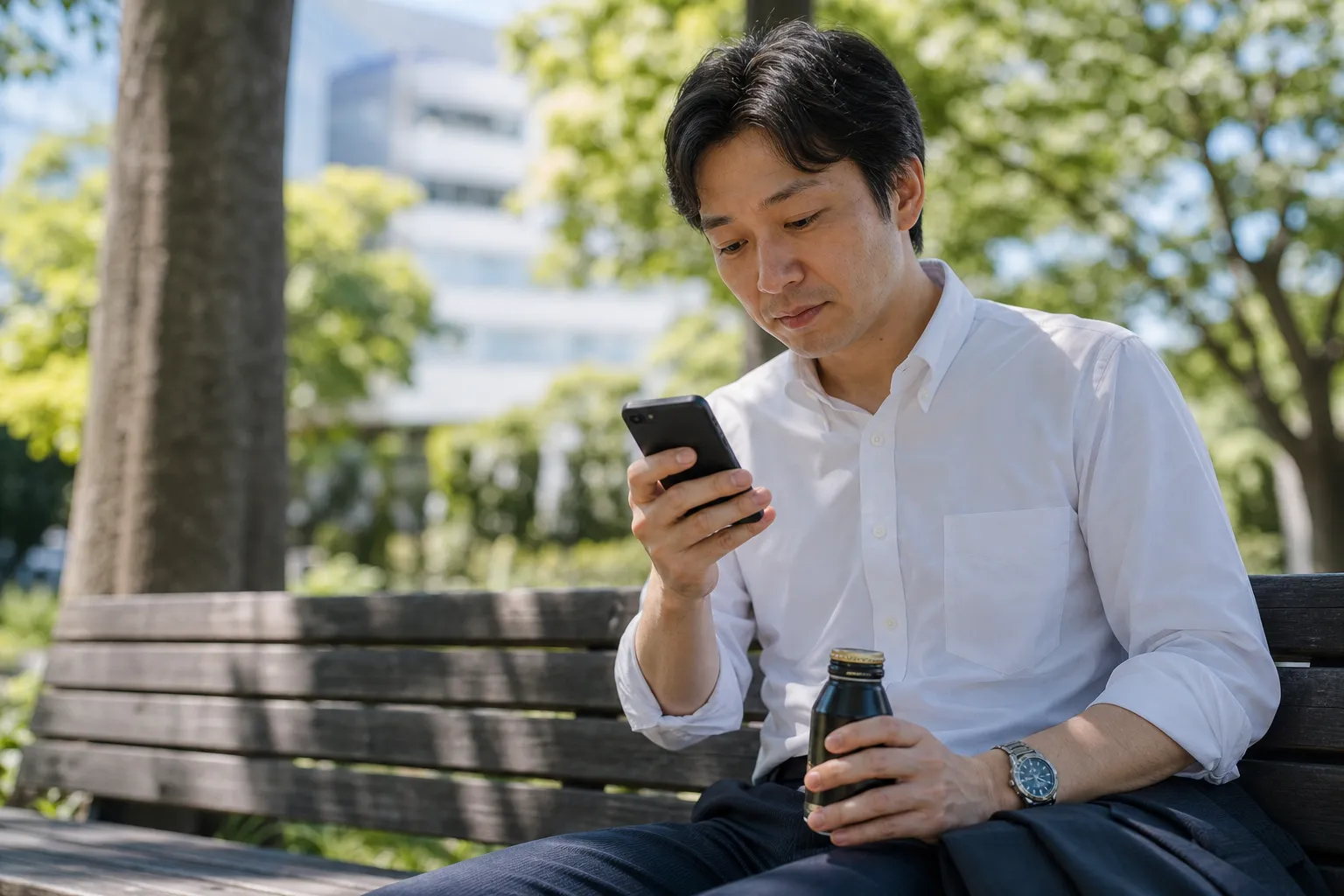 平日の昼休み、会社の近くの公園のベンチで、30代の日本人男性が片手に缶コーヒーを持ちながら、スマートフォンのカレンダーアプリを開いて予定を確かめている