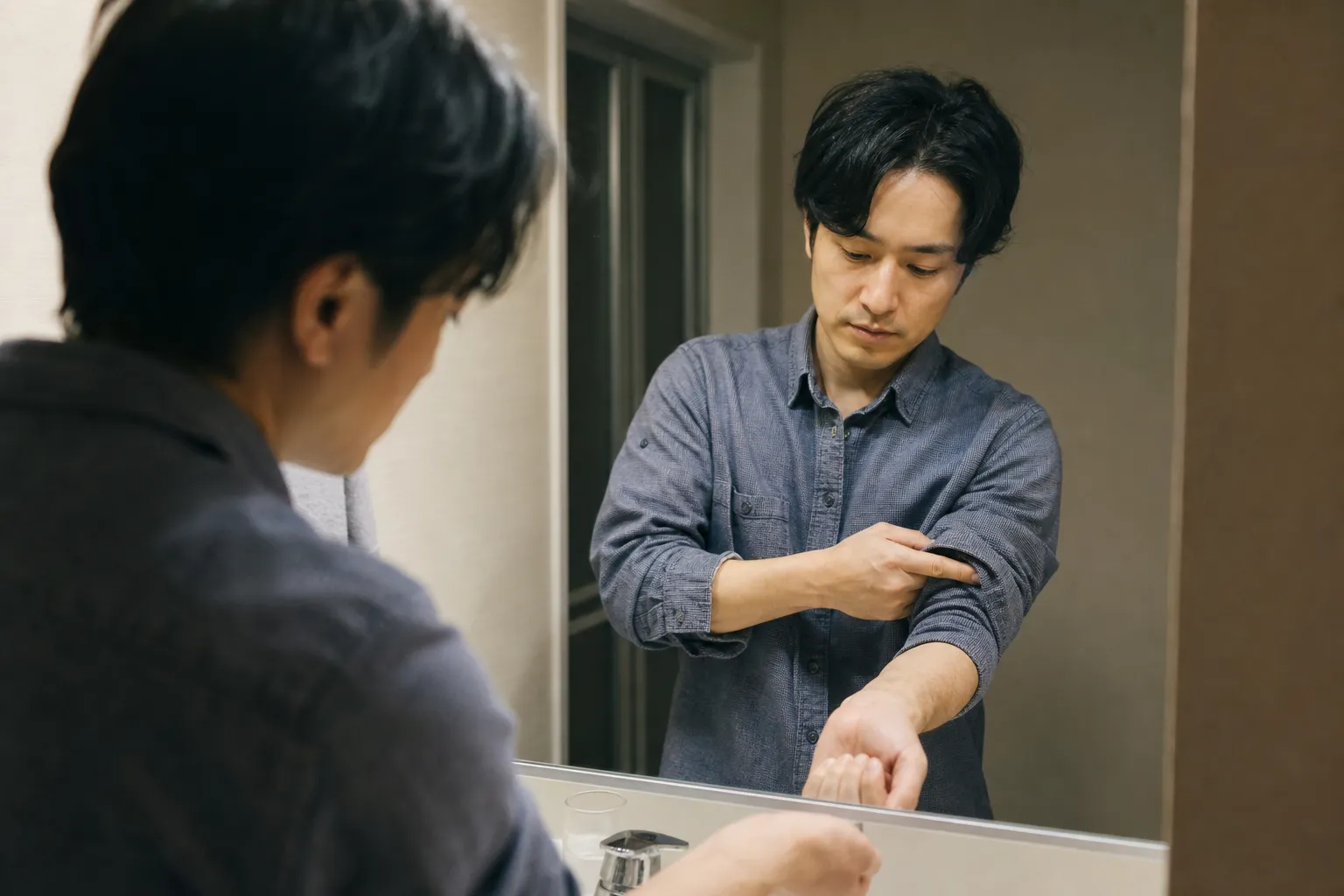 夜、自宅の洗面所の鏡の前で、30代の日本人男性が長袖シャツの袖をまくって自分の腕の毛を見ている