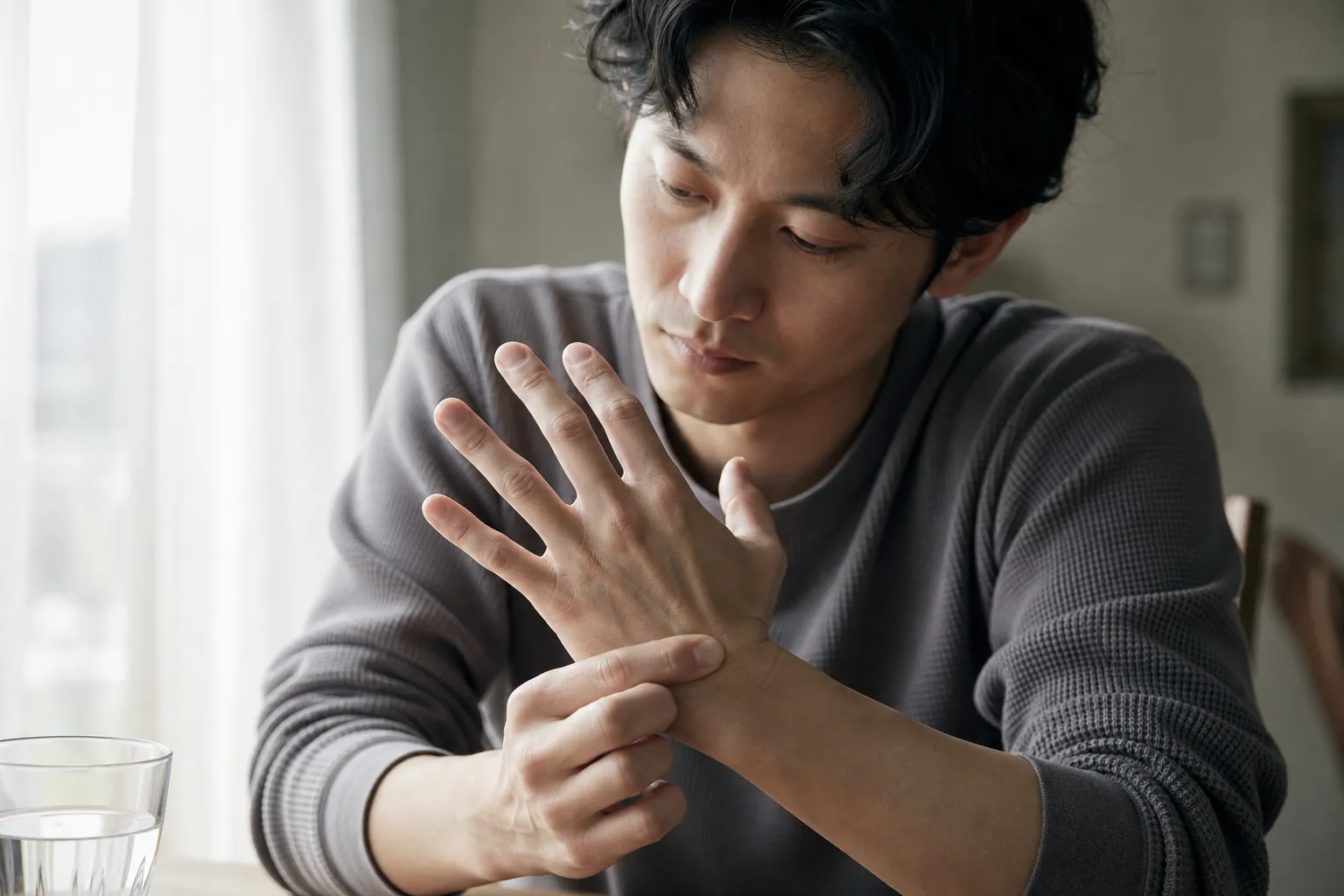 休日の午後、ダイニングテーブルに片手を置いた30代の日本人男性が、窓からの光の下で自分の指の関節と手の甲を近くからのぞき込んでいる